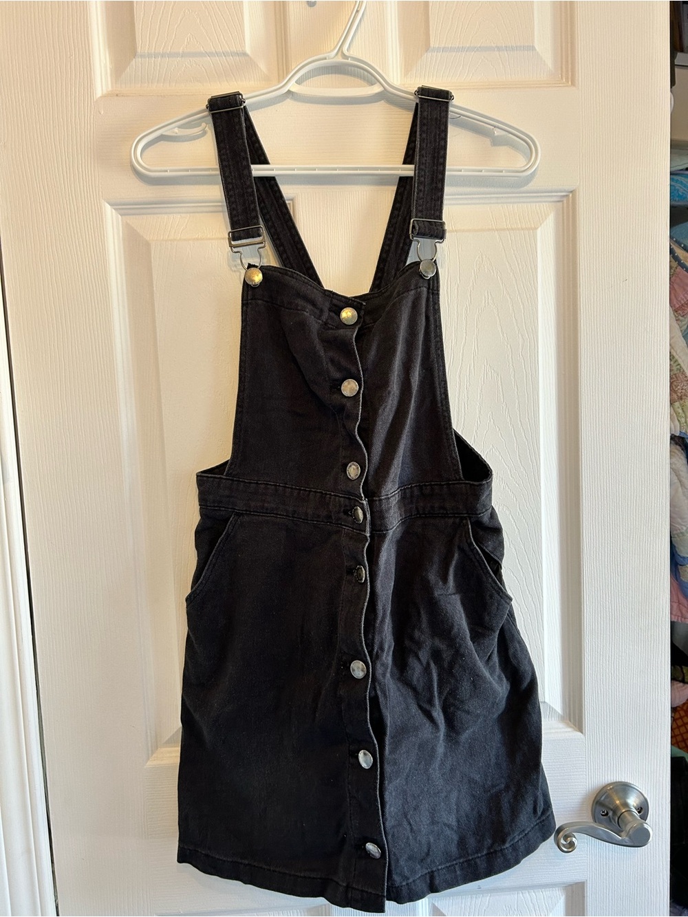 Black Denim Overall Dress with Front Button Closure